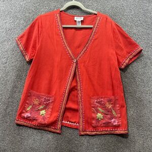 Jasmine by KVM Cardigan Sweater Women M Linen Blend Embroidered Floral Artsy